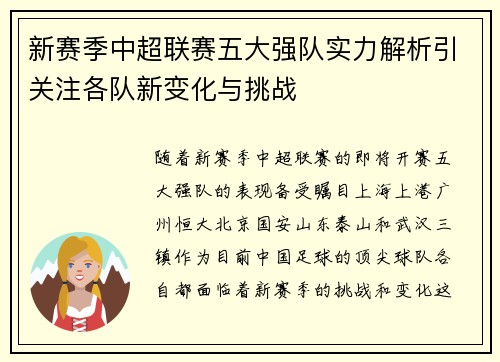 新赛季中超联赛五大强队实力解析引关注各队新变化与挑战